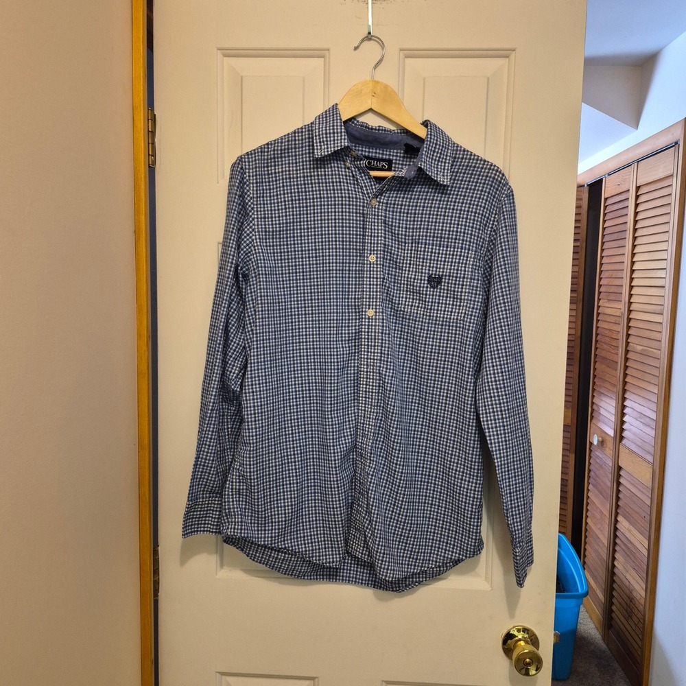 Chaps Mens Medium Blue White Gingham Check Easy Care Long Sleeve Button Up Shirt